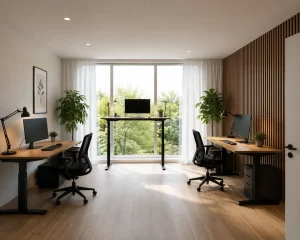 Moderner höhenverstellbarer Schreibtisch mit ergonomischem Bürostuhl vor einer Holzlamellenwand.
