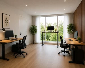 Heller Coworking Space in München mit drei ergonomischen Arbeitsplätzen, höhenverstellbaren Schreibtischen, Holzlamellenwand und großen Fenstern.